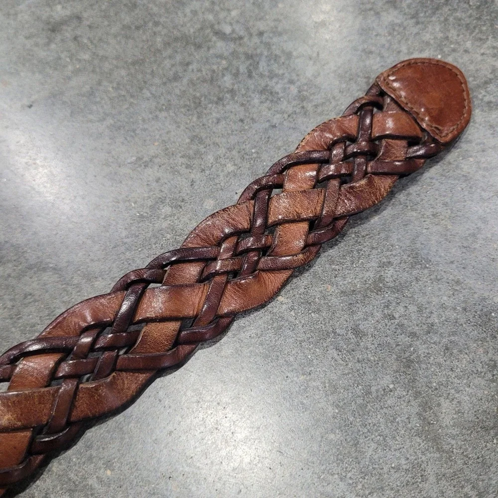 VTG Express Belt Lg Brown Leather Woven Braided Boho Cowgirl 90s Two Tone Rustic